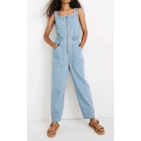 Madewell Smock Waist Denim Jumpsuit Pantsuit Overalls Zip up Blue Jeans Medium - Picture 12 of 12
